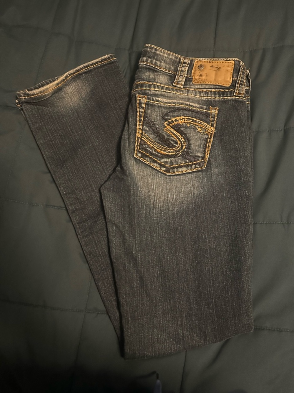 Silver Jeans deep blue denim jeans with tan stitching